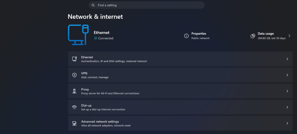 Settings > Network & internet page with Ethernet highlighted