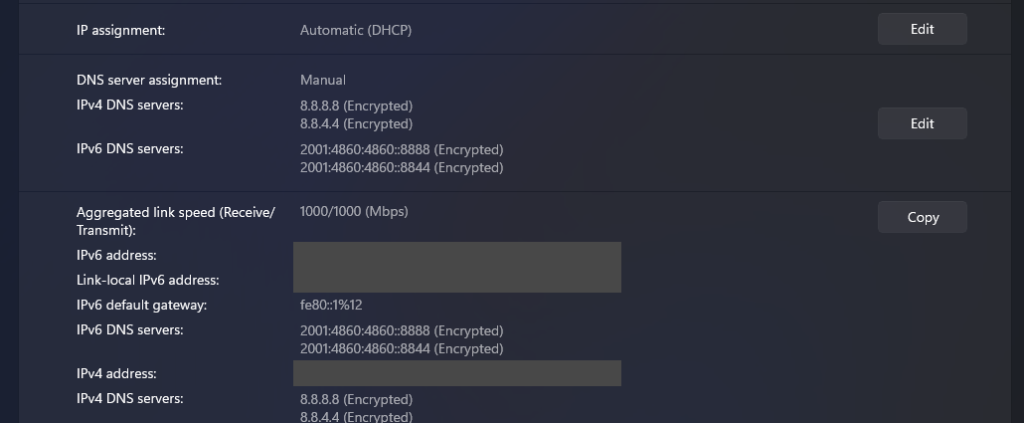 Ethernet page showing the IPv4 address line