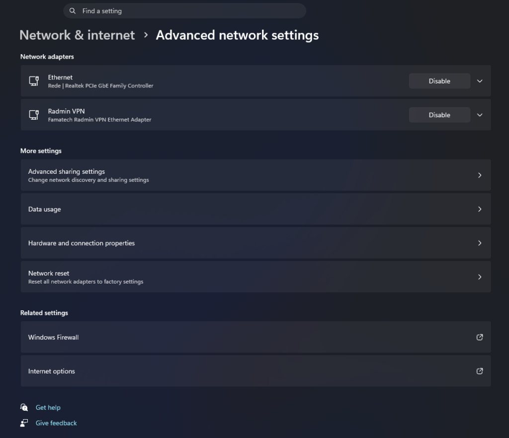 Advanced network settings page with Hardware and connection properties