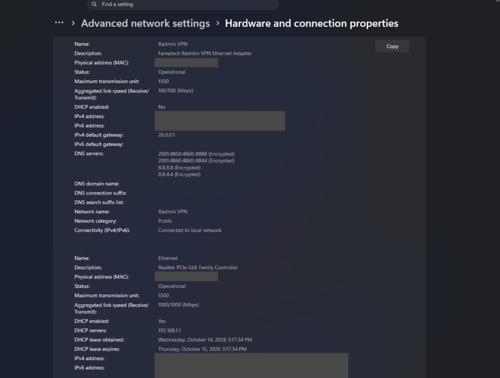 Hardware and connection properties page showing the Ethernet adapter details