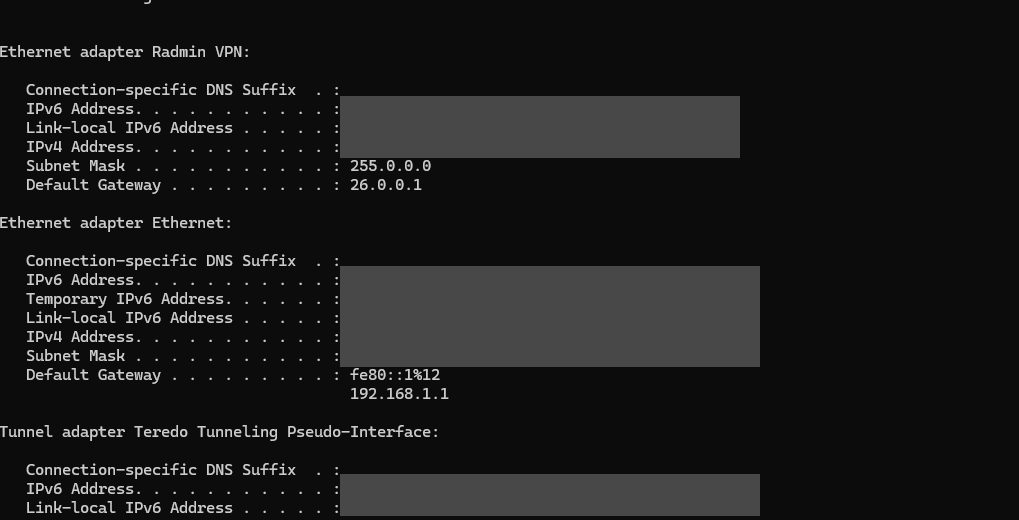 Terminal showing ipconfig output with the IPv4 Address line