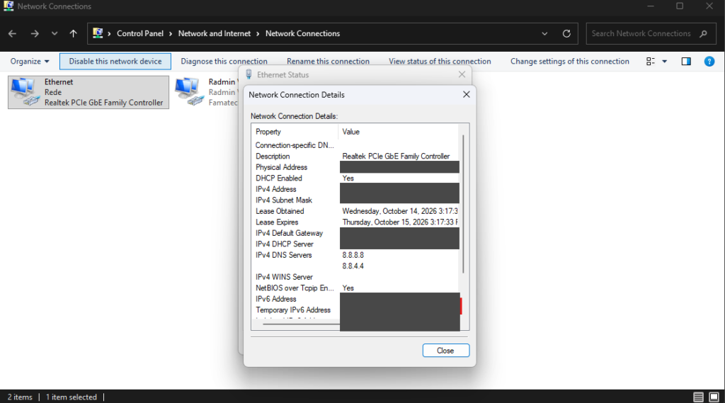 Network Connection Details window showing the IPv4 Address